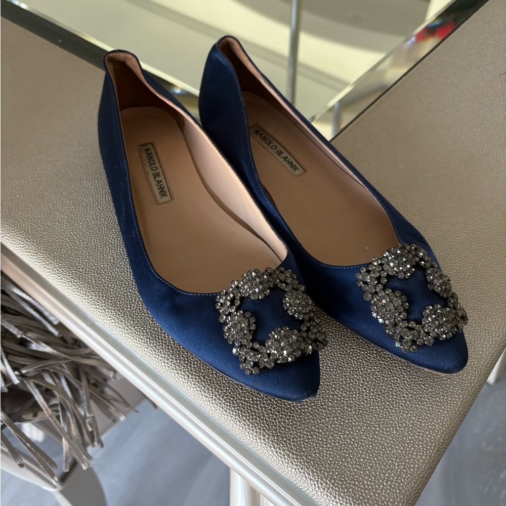 Manolo Blahnik Blue Flats with Crystal Embellishment
